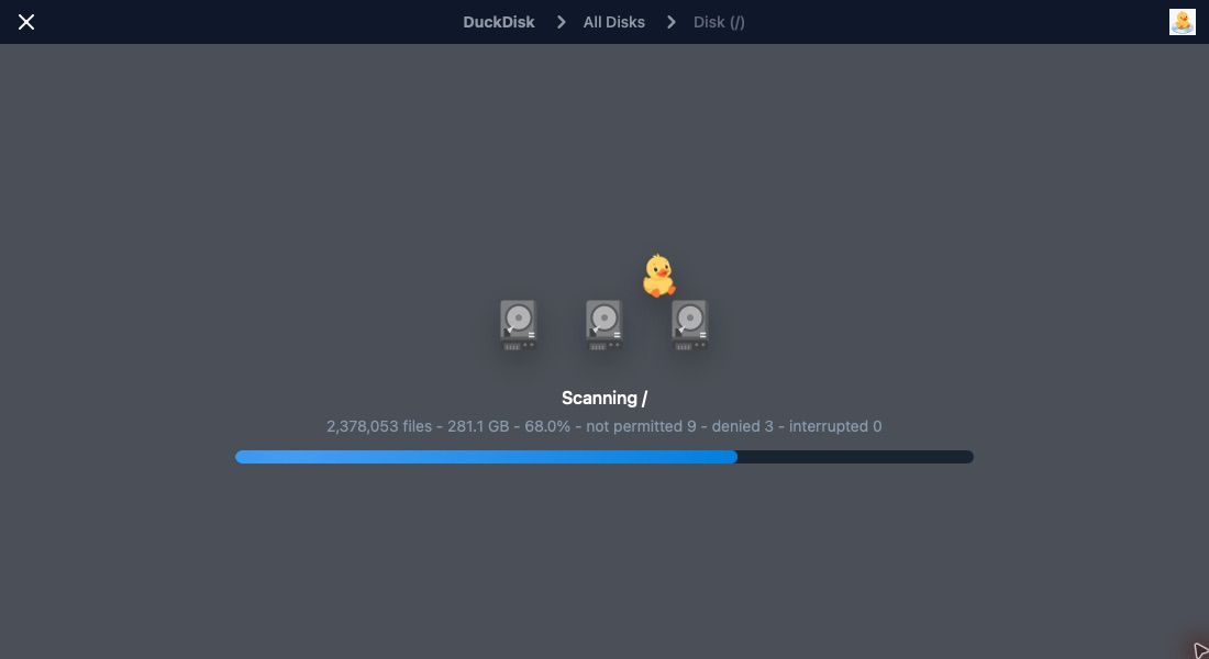 DuckDisk scan progress with file, size, percentage, and permission issue counters