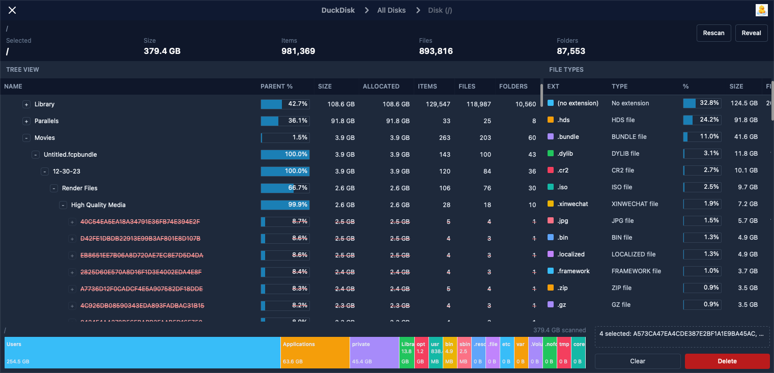 DuckDisk scan results showing folder sizes, file counts, file type totals, and a treemap